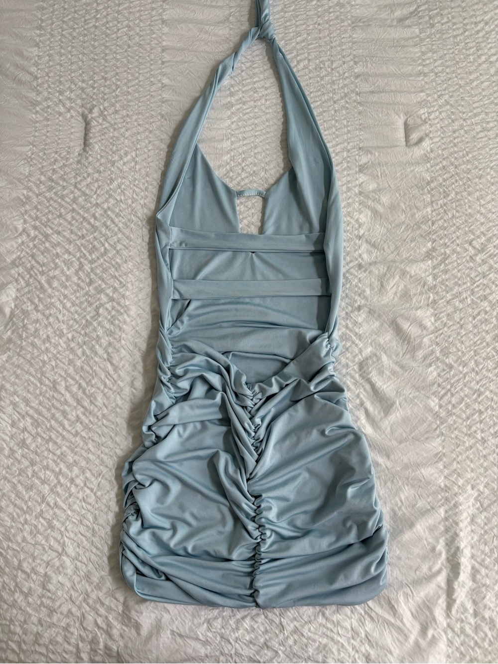 Halter Ruched Light Blue Mini Dress - Picture 2 of 2